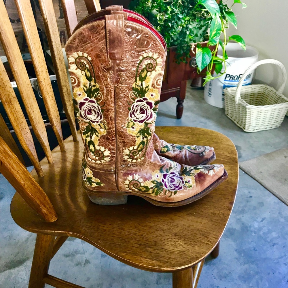 Embroidered Floral Genuine Leather Cowgirl Boots